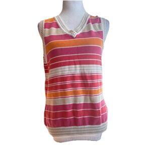 Pendleton Women Sweater Vest Striped Multicolor Pinks V Neck Cotton Preppy Golf